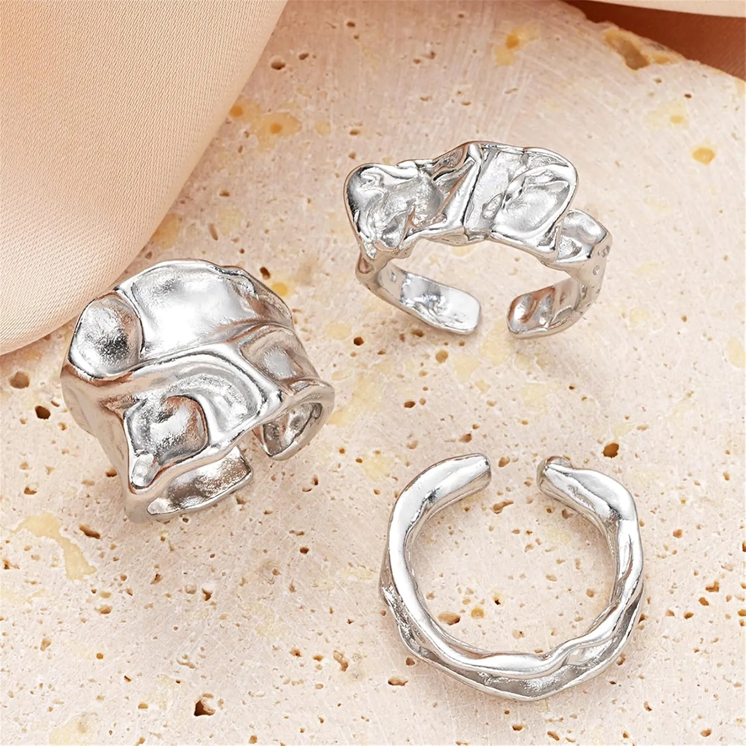 3Pcs 925 Sterling Silver Rings Chunky Rings for Women Handmade Hammered Open Adjustable Thumb Rings Stackable Thick Rings for Men Boho Punk Style Rings Set Vintage Trendy Statement Rings Jewelry Gift