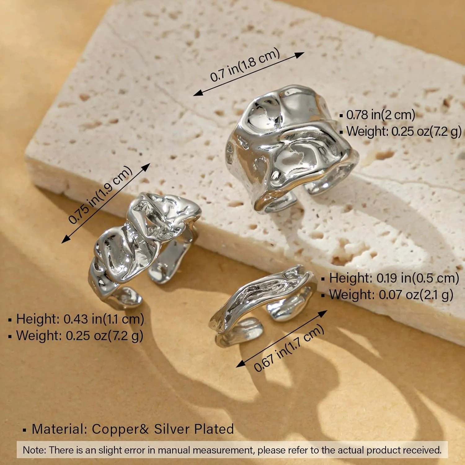 3Pcs 925 Sterling Silver Rings Chunky Rings for Women Handmade Hammered Open Adjustable Thumb Rings Stackable Thick Rings for Men Boho Punk Style Rings Set Vintage Trendy Statement Rings Jewelry Gift