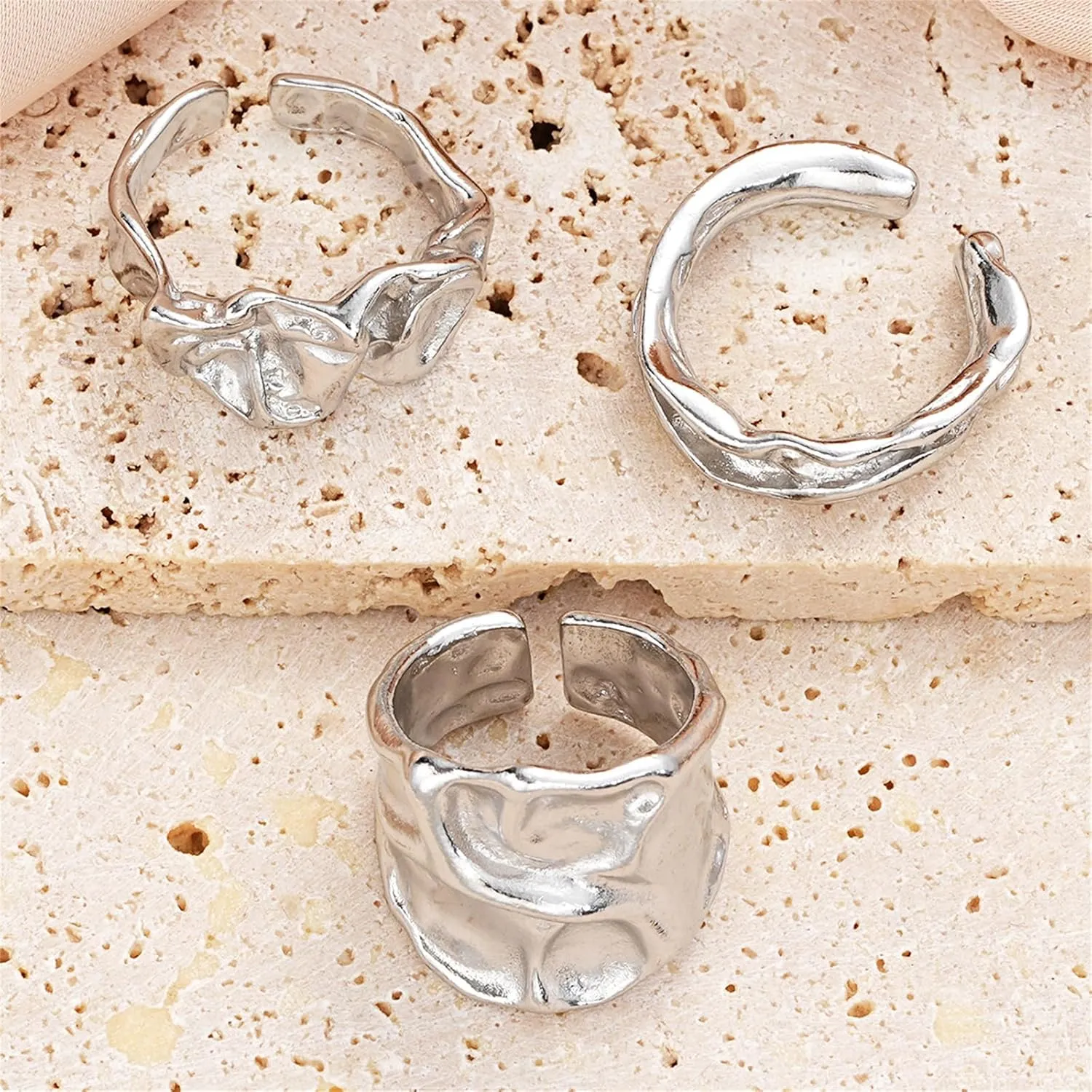 3Pcs 925 Sterling Silver Rings Chunky Rings for Women Handmade Hammered Open Adjustable Thumb Rings Stackable Thick Rings for Men Boho Punk Style Rings Set Vintage Trendy Statement Rings Jewelry Gift