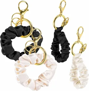 4 PCS Scrunchie Keychain Wristlet Cute Wrist Strap Key Chain Fashion Keyring Elastic Scrunchie Bracelet Multifunctional Keyring Key Storage Accessories for Women Girls (Black, Apricot)