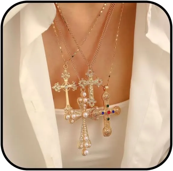 4Pcs Chunky Cross Necklaces for Women Gold/Silver Large Long Cross Pendant Necklace Y2K Trendy Statement Pearl Cross Chain Choker Cross Charm Jewelry
