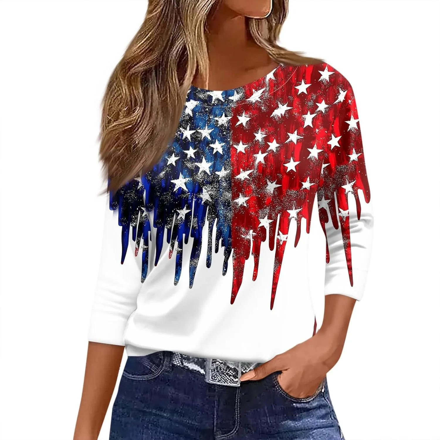 4th of July Shirts for Women Independence Day 3/4 Sleeve Crewneck Summer Tops Flag Basic Tees Stars Tunics Blouses