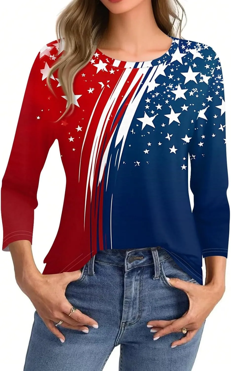 4th of July Shirts for Women Independence Day 3/4 Sleeve Crewneck Summer Tops Flag Basic Tees Stars Tunics Blouses