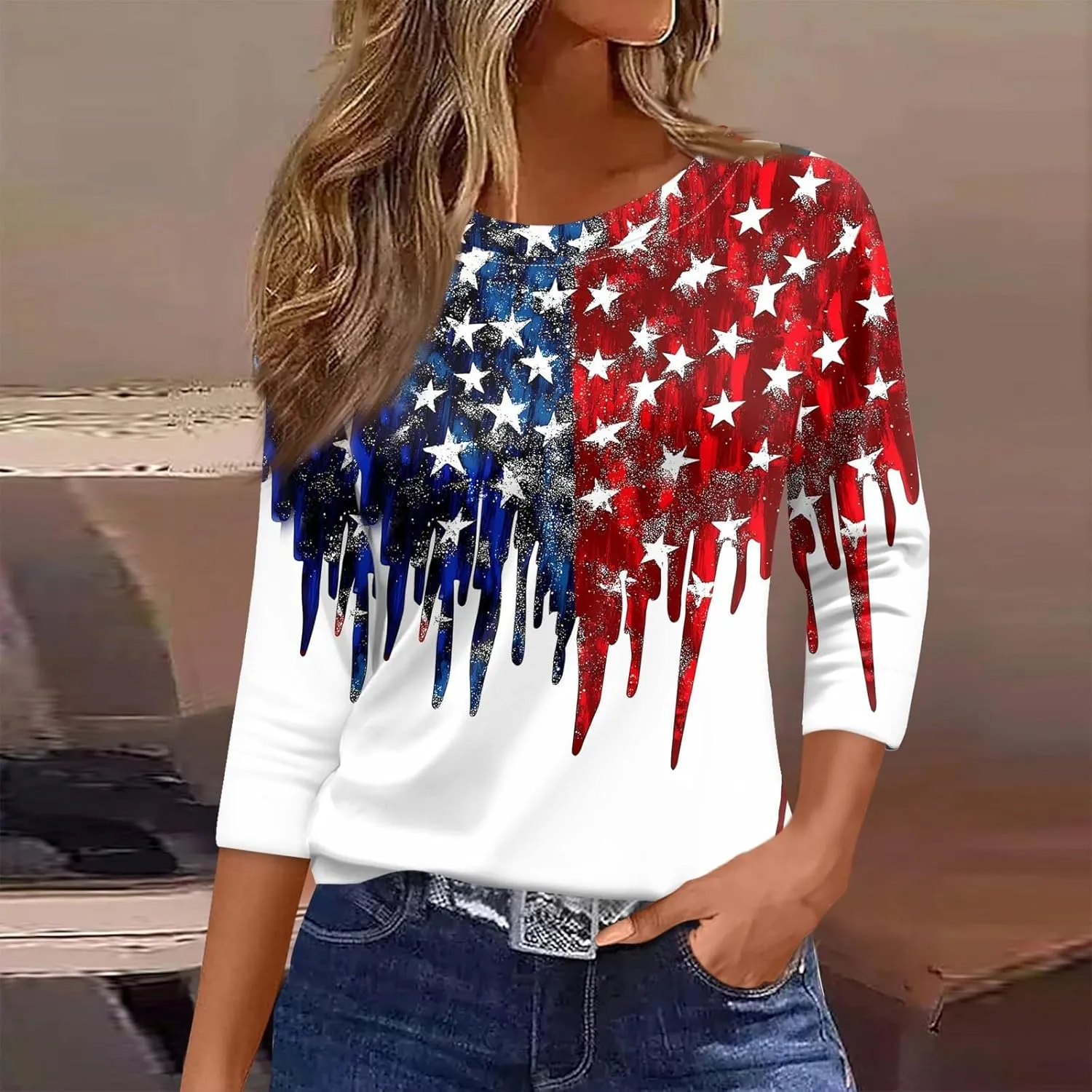 4th of July Shirts for Women Independence Day 3/4 Sleeve Crewneck Summer Tops Flag Basic Tees Stars Tunics Blouses