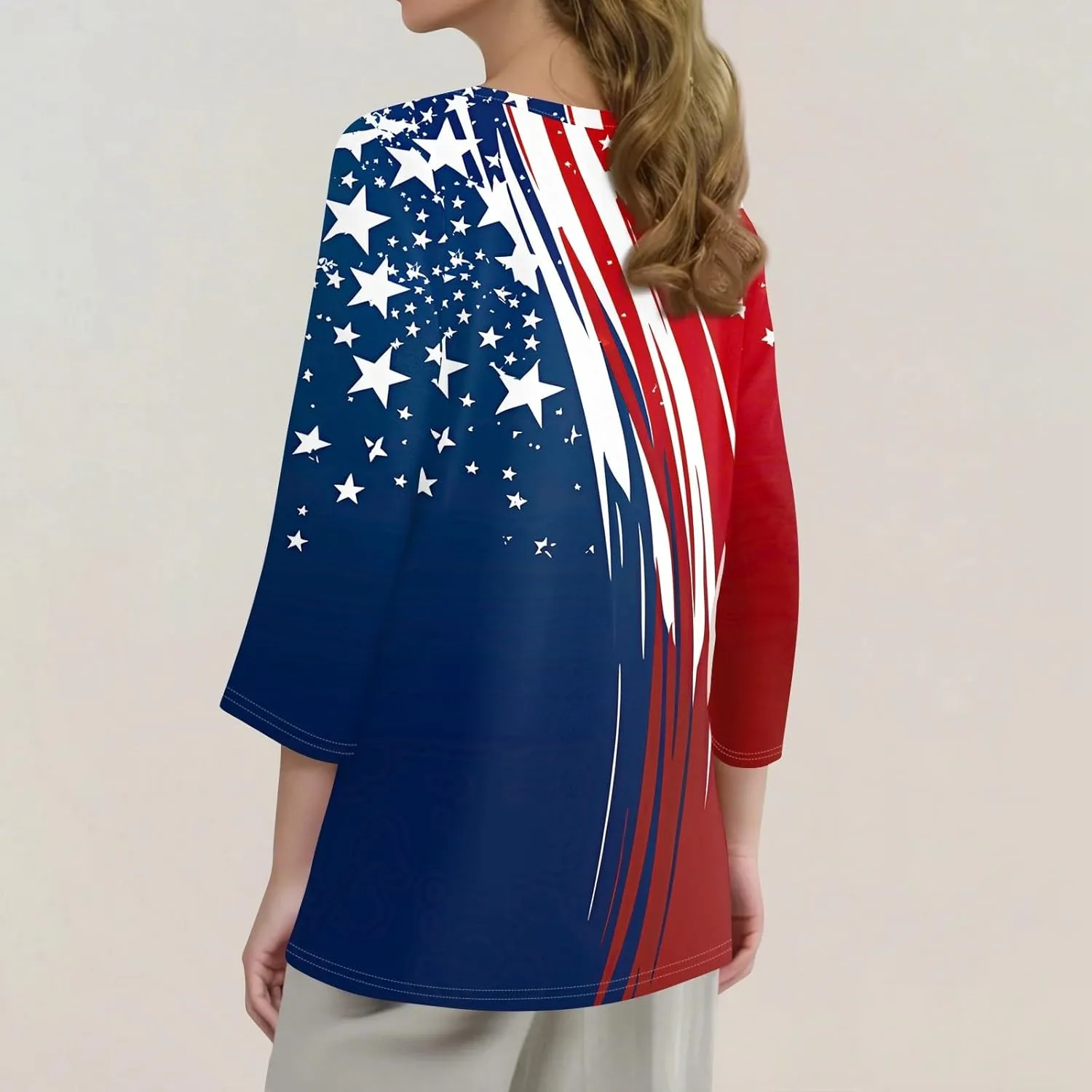 4th of July Shirts for Women Independence Day 3/4 Sleeve Crewneck Summer Tops Flag Basic Tees Stars Tunics Blouses