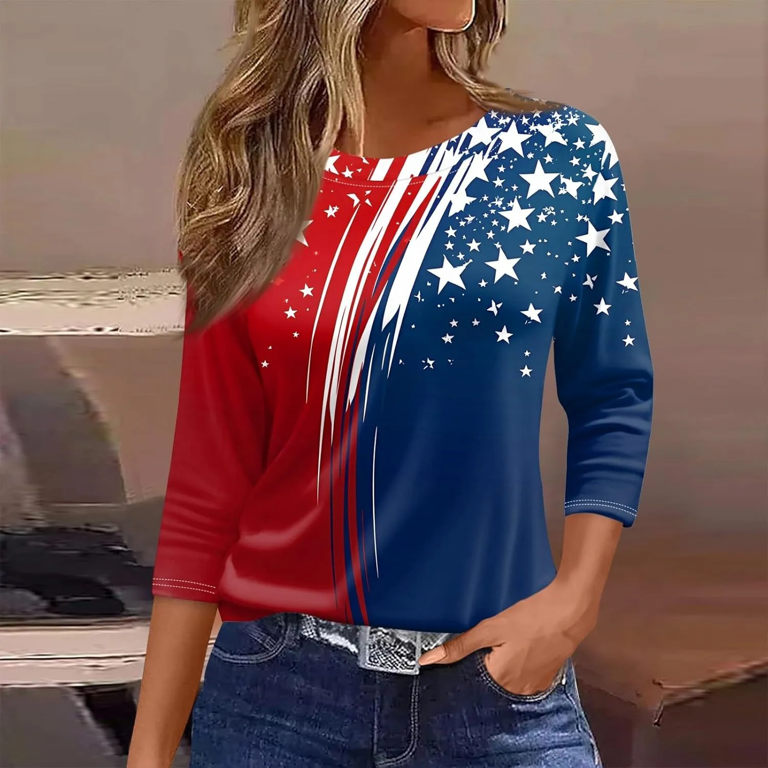 4th of July Shirts for Women Independence Day 3/4 Sleeve Crewneck Summer Tops Flag Basic Tees Stars Tunics Blouses
