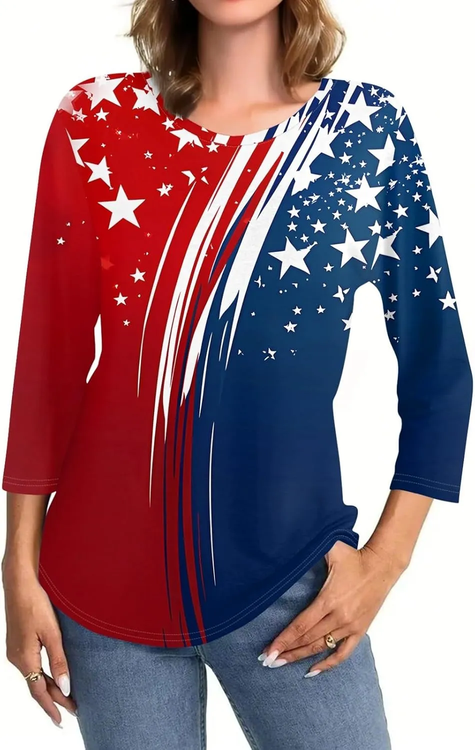 4th of July Shirts for Women Independence Day 3/4 Sleeve Crewneck Summer Tops Flag Basic Tees Stars Tunics Blouses