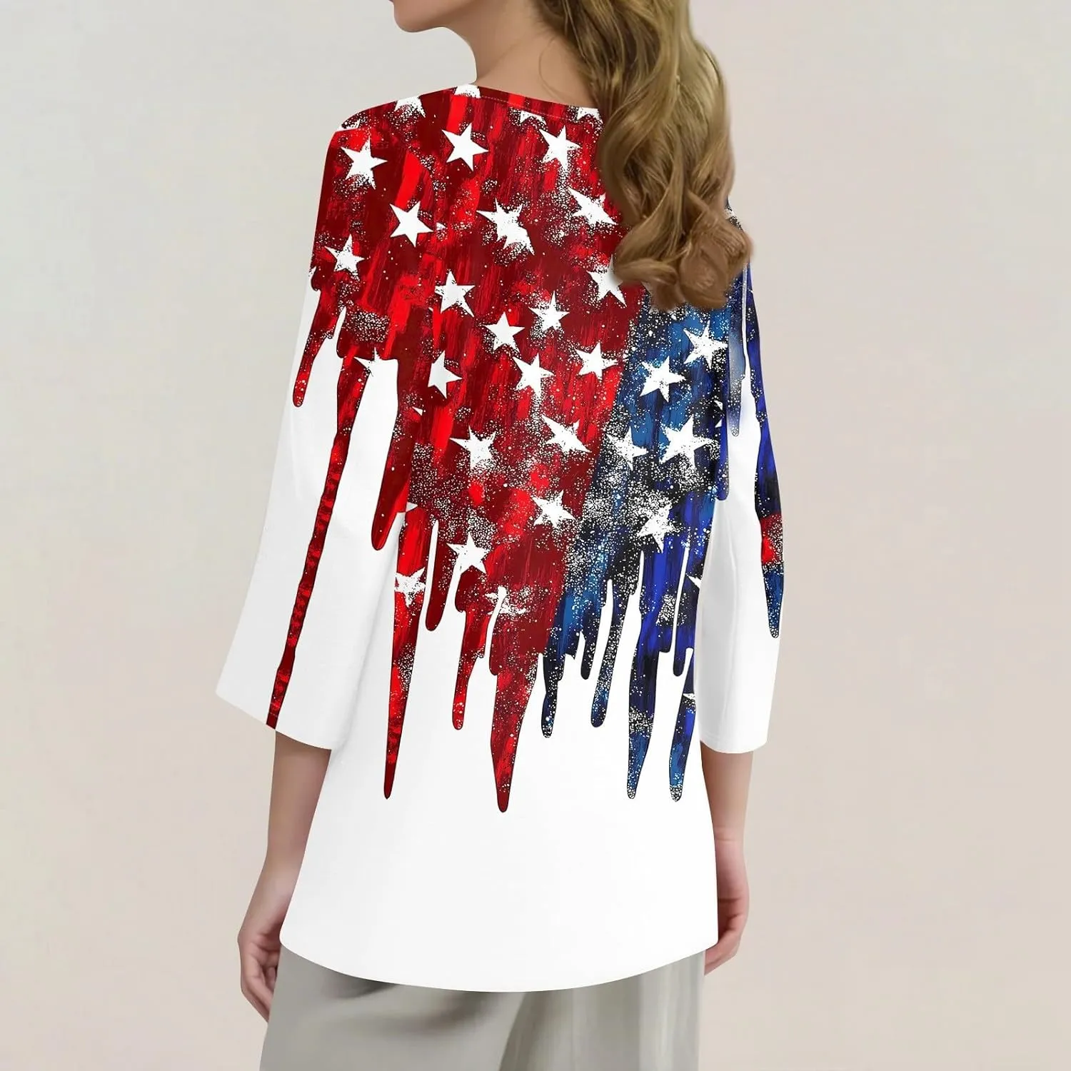 4th of July Shirts for Women Independence Day 3/4 Sleeve Crewneck Summer Tops Flag Basic Tees Stars Tunics Blouses