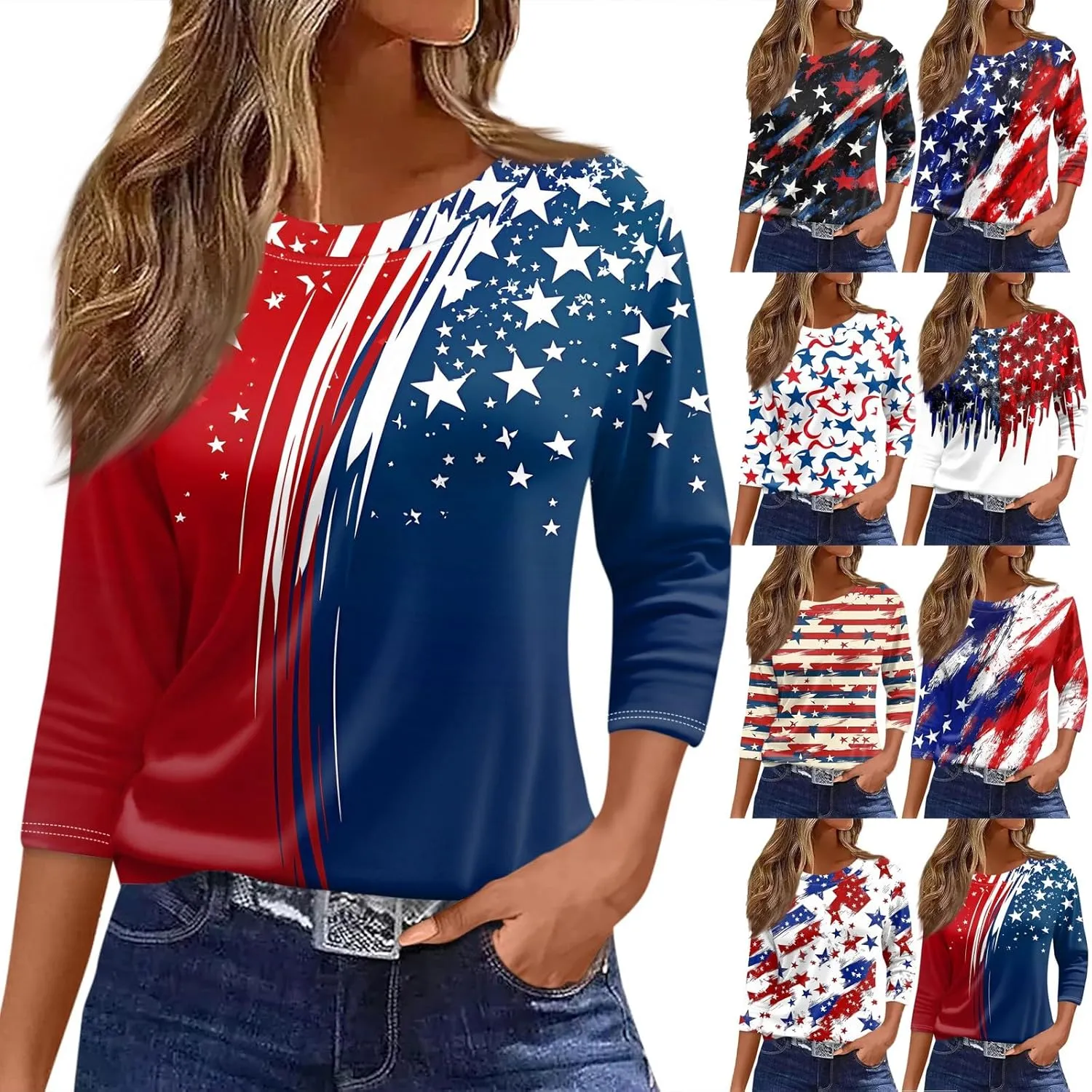 4th of July Shirts for Women Independence Day 3/4 Sleeve Crewneck Summer Tops Flag Basic Tees Stars Tunics Blouses