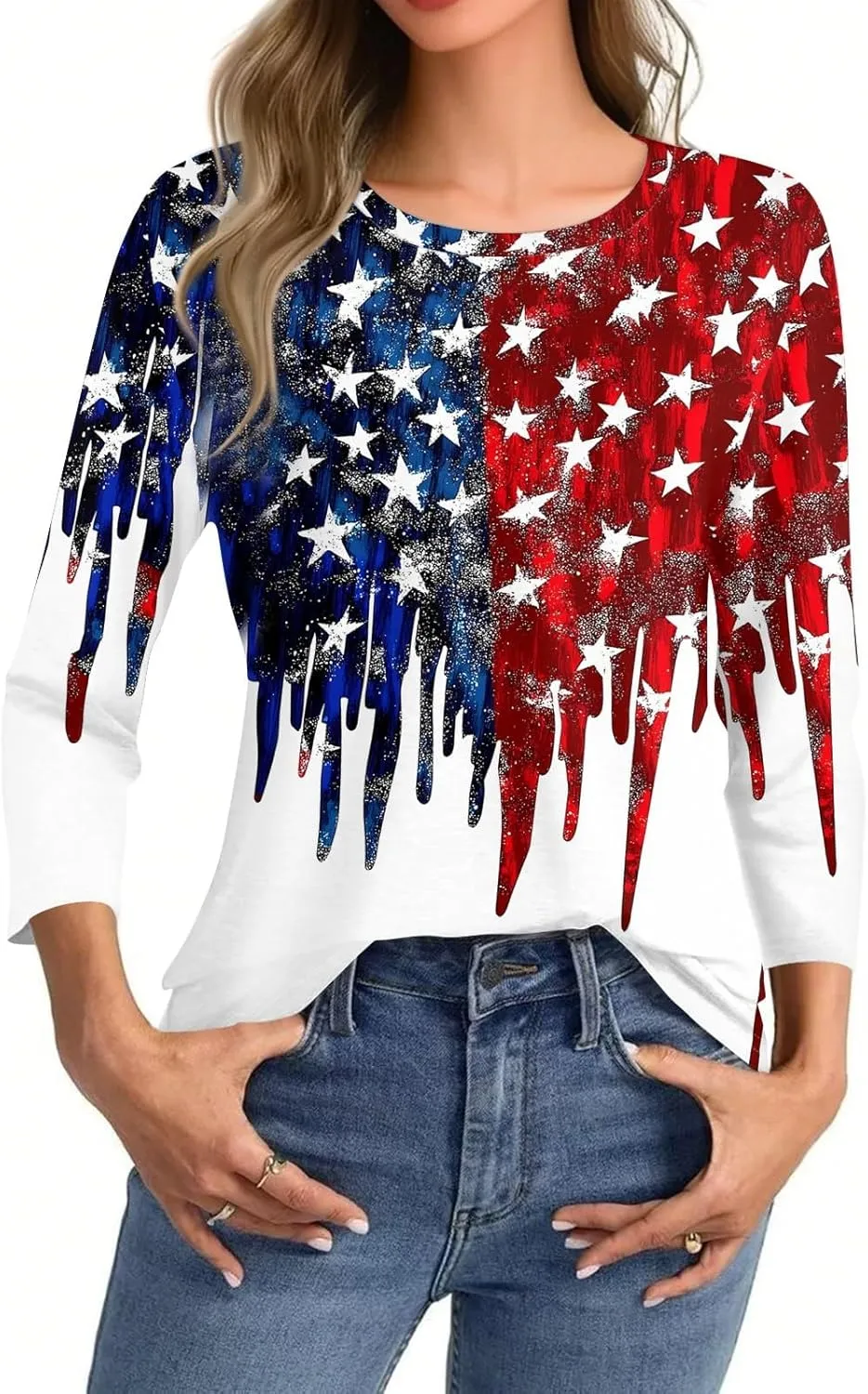 4th of July Shirts for Women Independence Day 3/4 Sleeve Crewneck Summer Tops Flag Basic Tees Stars Tunics Blouses