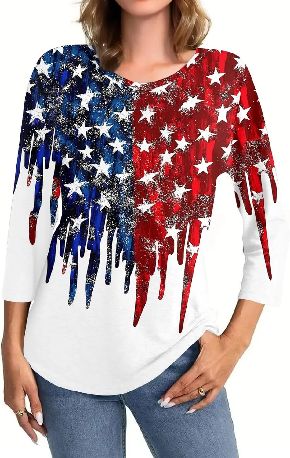 4th of July Shirts for Women Independence Day 3/4 Sleeve Crewneck Summer Tops Flag Basic Tees Stars Tunics Blouses