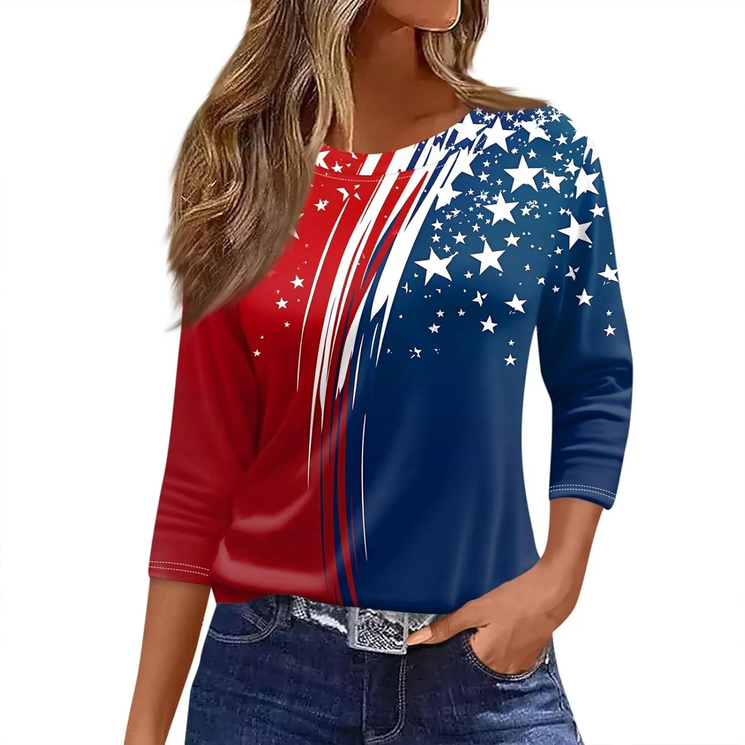 4th of July Shirts for Women Independence Day 3/4 Sleeve Crewneck Summer Tops Flag Basic Tees Stars Tunics Blouses
