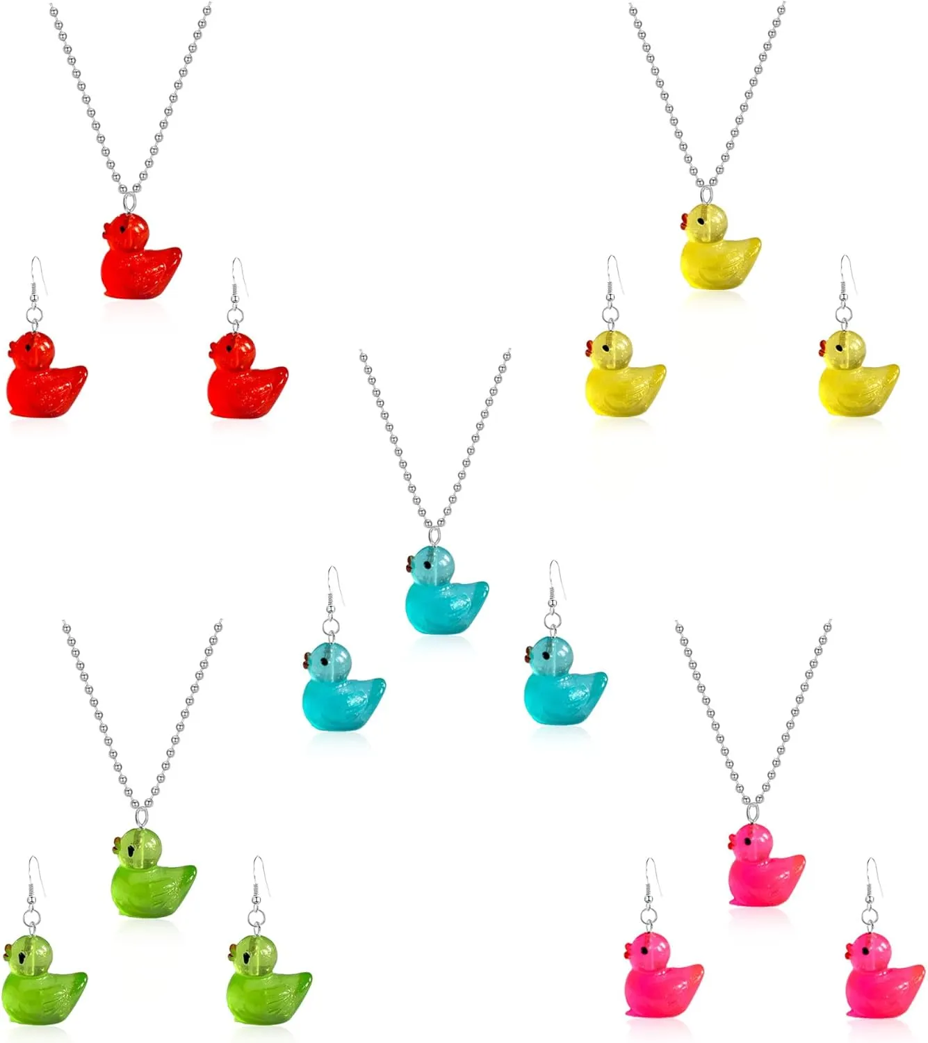 5 Pairs Weird Rein Cute Yellow Duck Drop Earring Necklace Set Funny Kawaii for Women Jewelry Lovely Duck Animal Dangle Earring Set Statement