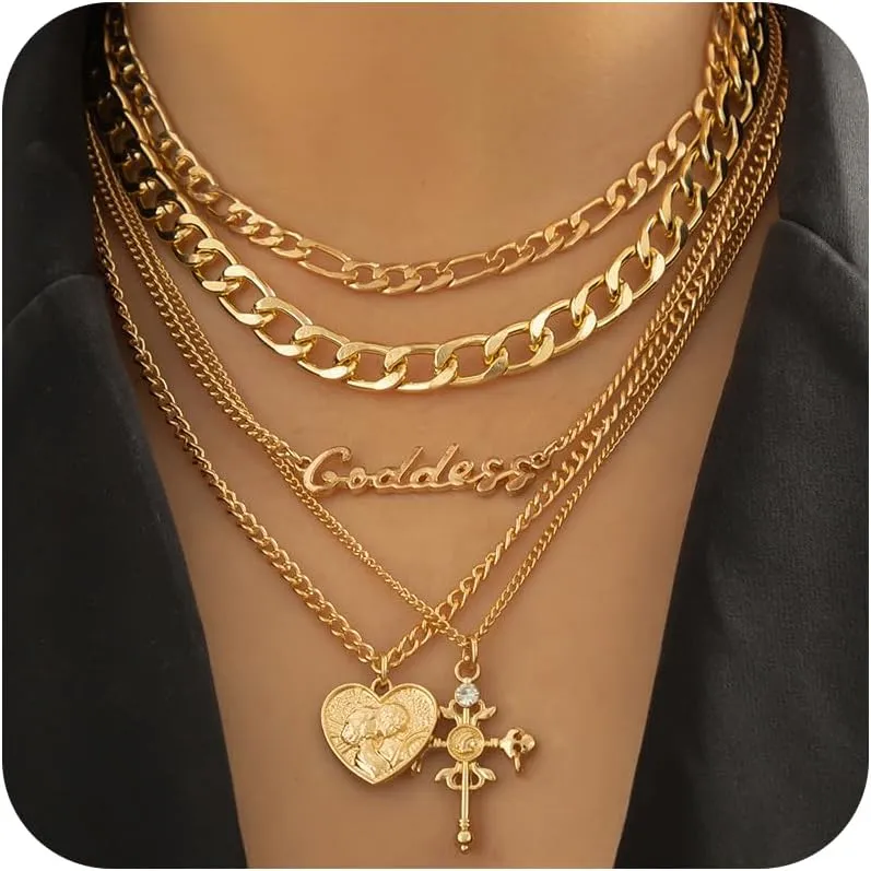 5 PCS Gold Layered Necklaces for Women Trendy Stackable Paperclip Neck Chain Chunky Cross Heart Letter Goddess Pendant Necklaces Punk Style Hip Hop Jewelry Gifts for Her