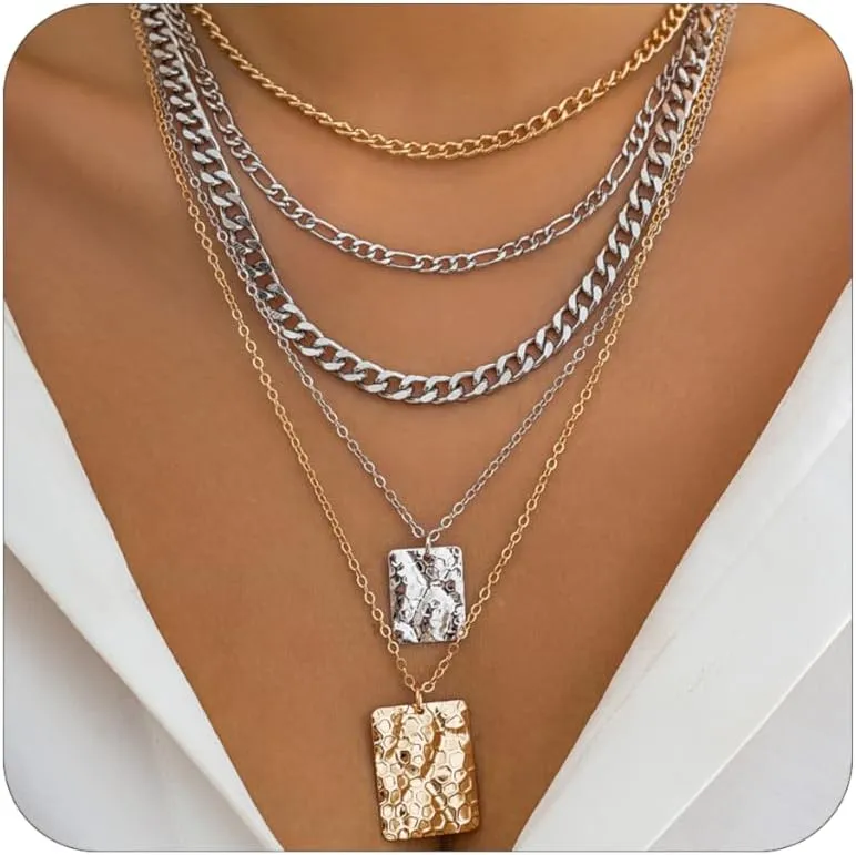 5pcs Layered Gold Necklaces Stack for Women, Chunky Gold Necklace Herringbone Chain Necklace Coin Pendant Dainty Cuban Chain Geometry Necklace Jewelry