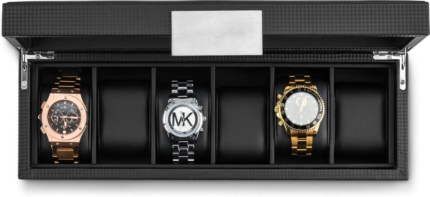 6 Watch Box for Men - Mens Watch Case w Glass Lid  Luxury Mens Watch Box - Watch Holder for Men w Metal Accents & Sturdy Hinges - Modern & Masculine Watch Display Case