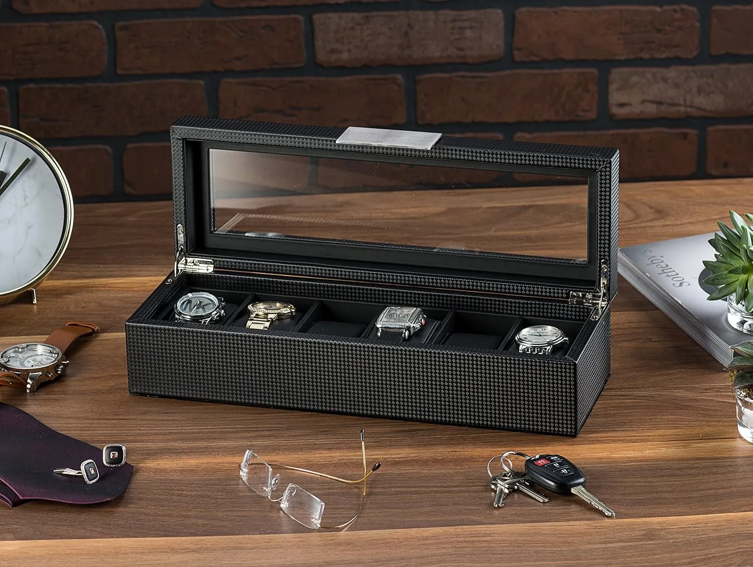 6 Watch Box for Men - Mens Watch Case w Glass Lid  Luxury Mens Watch Box - Watch Holder for Men w Metal Accents & Sturdy Hinges - Modern & Masculine Watch Display Case