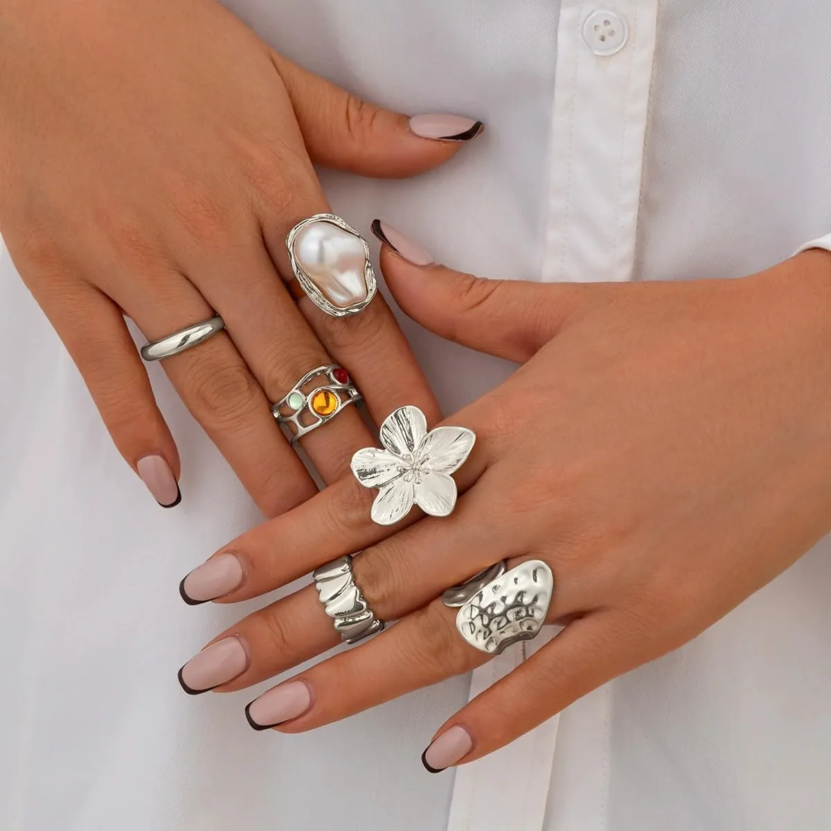 6PCS Chunky Gold Rings for Women Golden/Silver Opening Adjustable Rings Dainty Chunky Statement Dome Rings Set Baroque Pearl Flower Stackable Rings Trendy Jewelry Set for Women