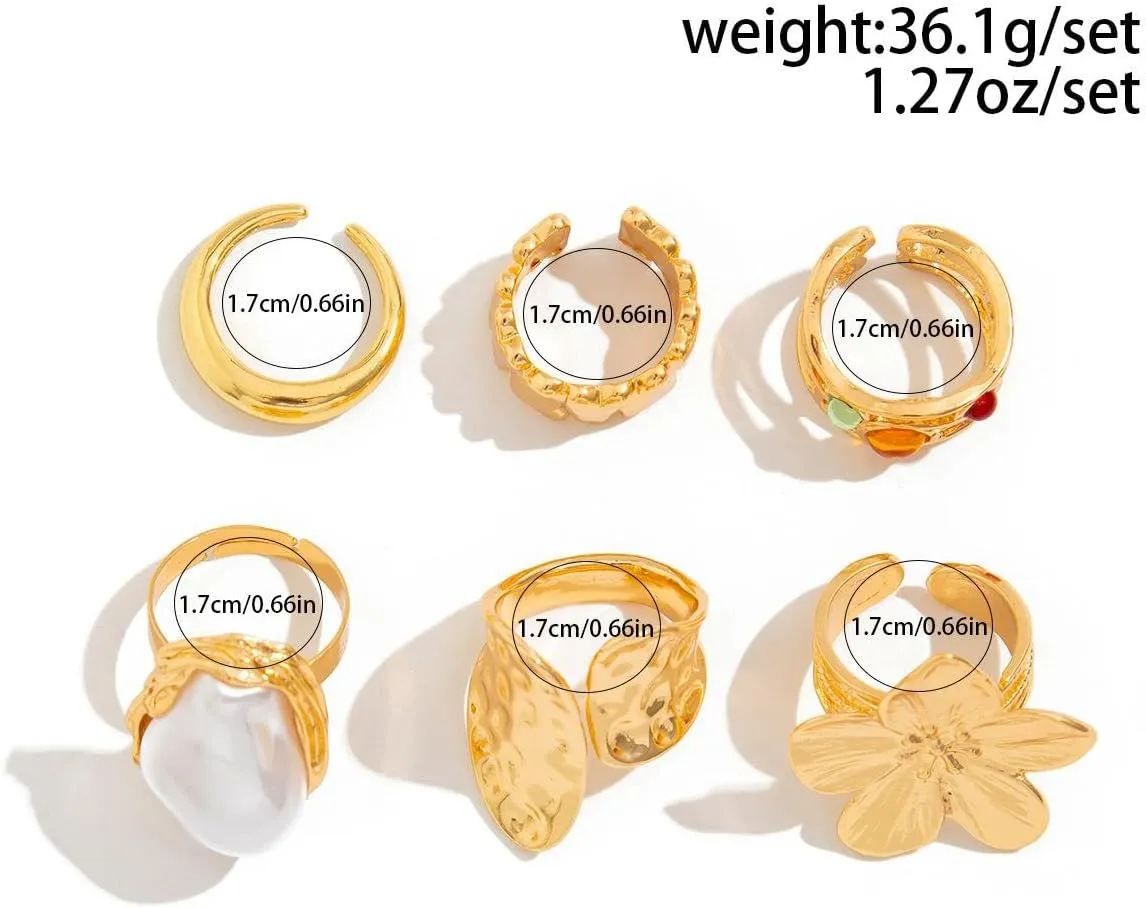 6PCS Chunky Gold Rings for Women Golden/Silver Opening Adjustable Rings Dainty Chunky Statement Dome Rings Set Baroque Pearl Flower Stackable Rings Trendy Jewelry Set for Women