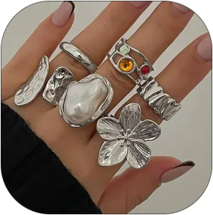 6PCS Chunky Gold Rings for Women Golden/Silver Opening Adjustable Rings Dainty Chunky Statement Dome Rings Set Baroque Pearl Flower Stackable Rings Trendy Jewelry Set for Women