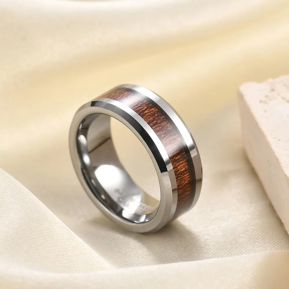 8mm Vintage Tungsten Carbide Ring Gold/Silver/Black with Wood Inlay Wedding Band Ring for Men Nature Collection