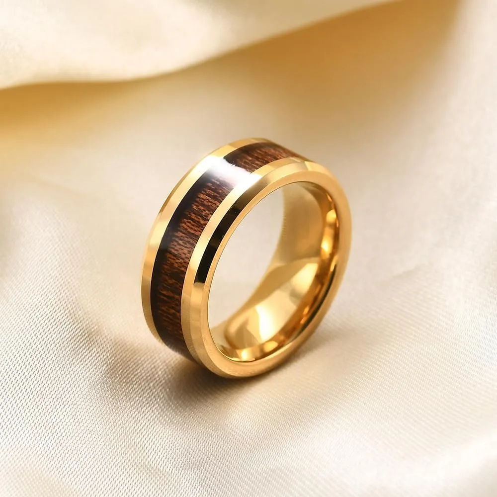 8mm Vintage Tungsten Carbide Ring Gold/Silver/Black with Wood Inlay Wedding Band Ring for Men Nature Collection
