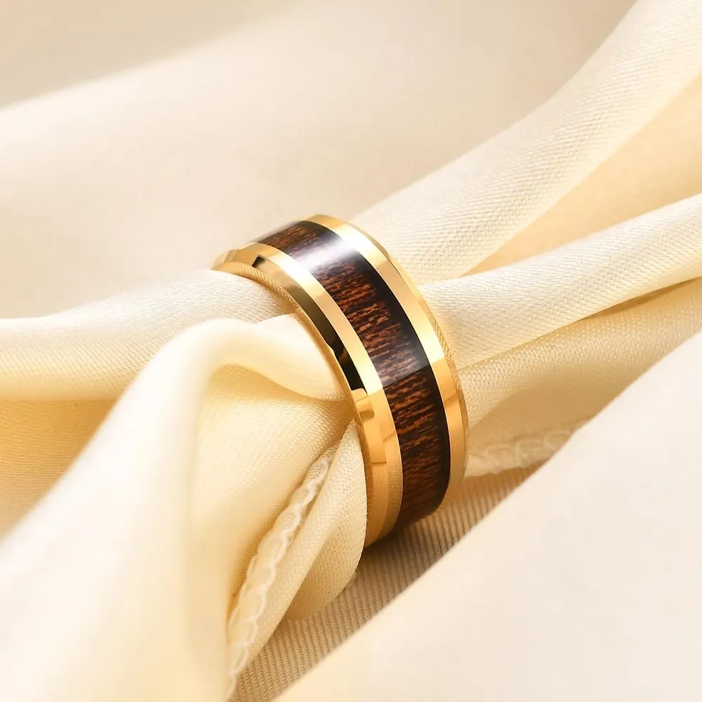8mm Vintage Tungsten Carbide Ring Gold/Silver/Black with Wood Inlay Wedding Band Ring for Men Nature Collection