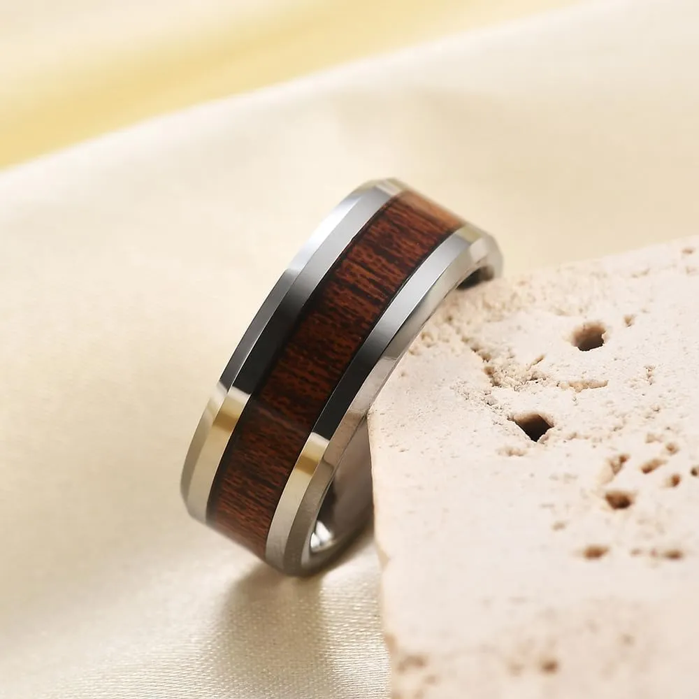 8mm Vintage Tungsten Carbide Ring Gold/Silver/Black with Wood Inlay Wedding Band Ring for Men Nature Collection