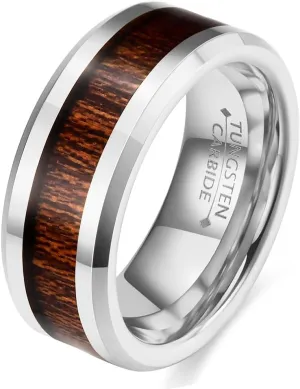 8mm Vintage Tungsten Carbide Ring Gold/Silver/Black with Wood Inlay Wedding Band Ring for Men Nature Collection