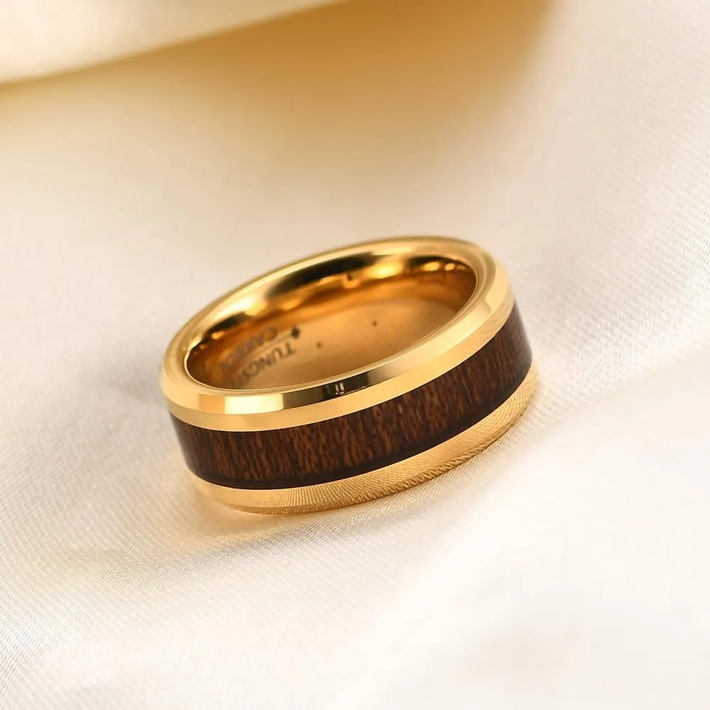 8mm Vintage Tungsten Carbide Ring Gold/Silver/Black with Wood Inlay Wedding Band Ring for Men Nature Collection