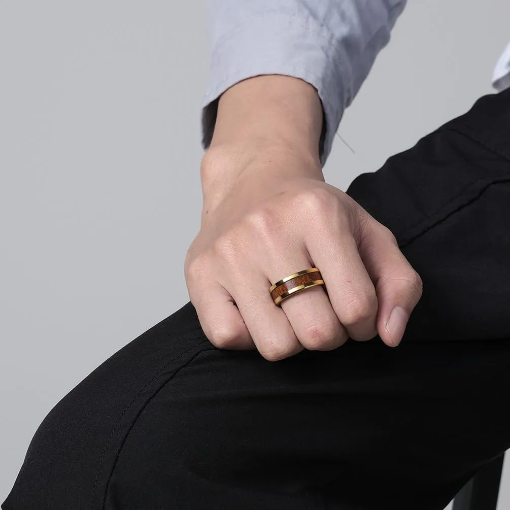 8mm Vintage Tungsten Carbide Ring Gold/Silver/Black with Wood Inlay Wedding Band Ring for Men Nature Collection