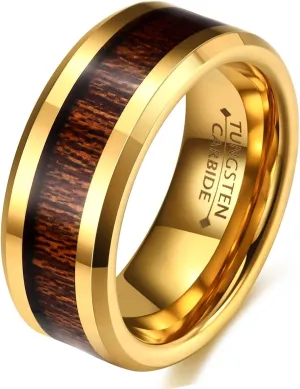 8mm Vintage Tungsten Carbide Ring Gold/Silver/Black with Wood Inlay Wedding Band Ring for Men Nature Collection
