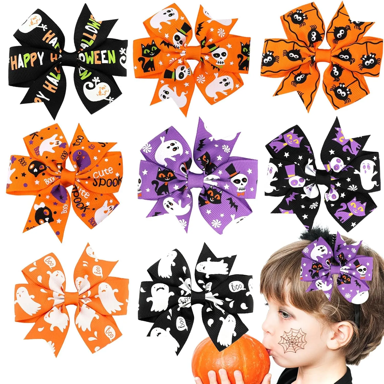 8pcs Halloween Bow Knot Hair Pins, Cute Cartoon Pumpkin Headband Hairband Handmade Hair Accessories Barrette for Girls Children