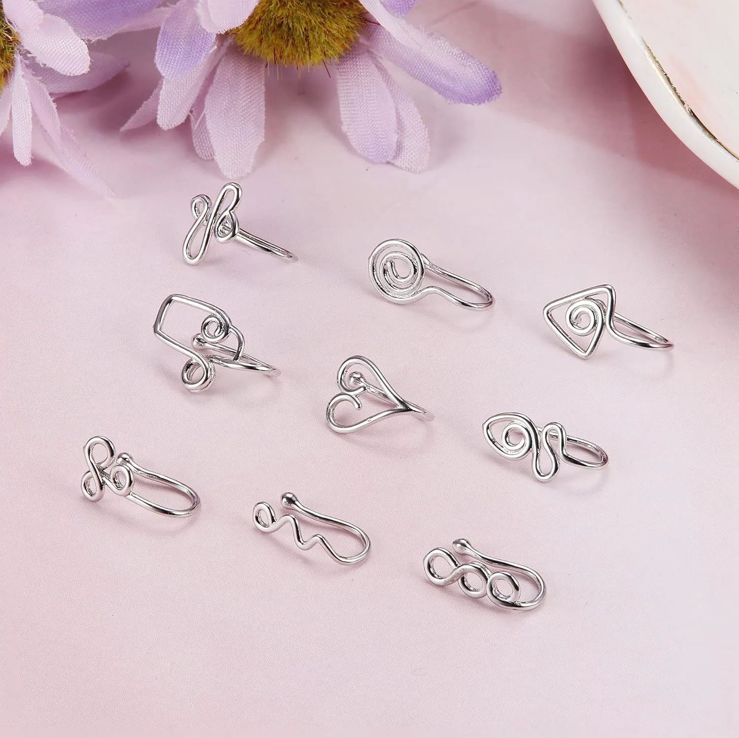 9-16pcs Multi-Style Adjustable Fake Nose Rings for Women Fake Nose Cuffs for Non Pierced Nose Heart Flower Butterfly Moon Star Clip on Fake Nose Ring Piercing