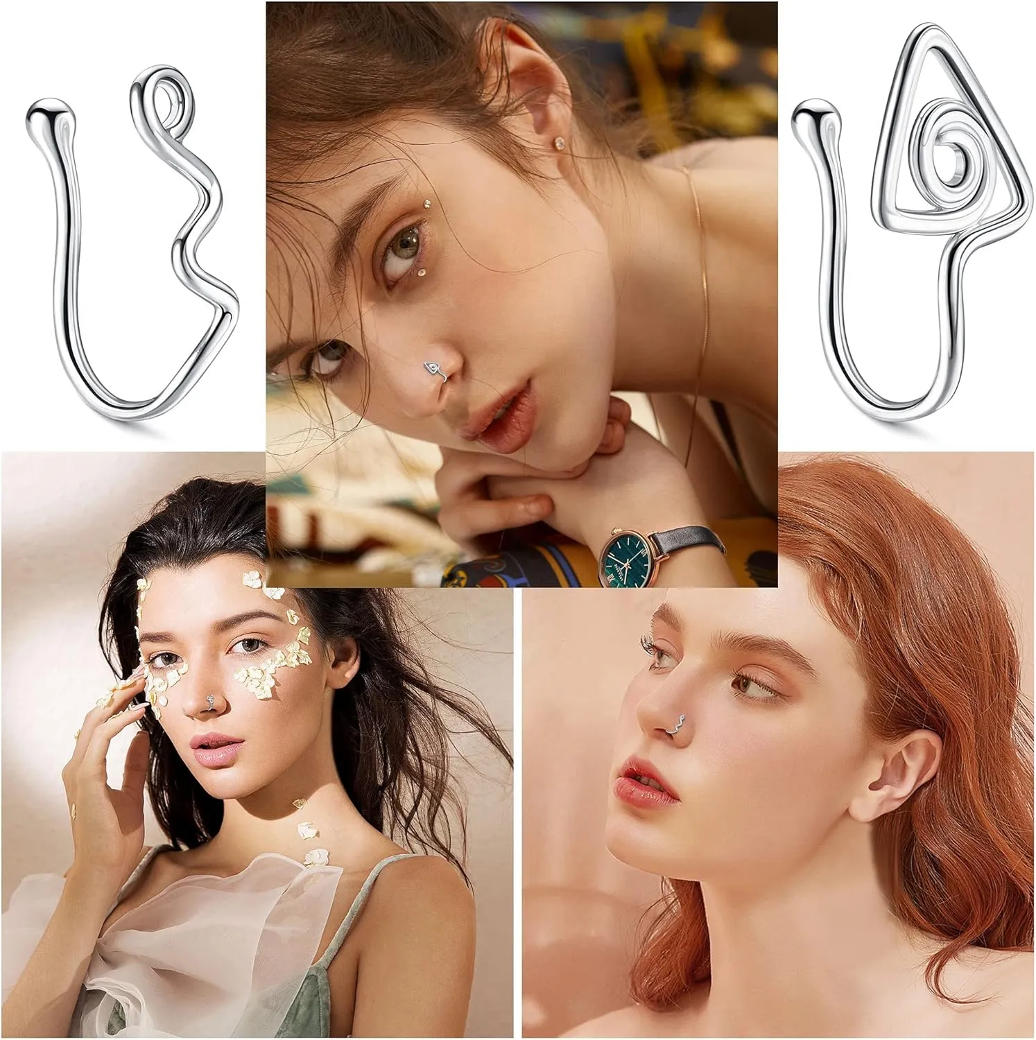 9-16pcs Multi-Style Adjustable Fake Nose Rings for Women Fake Nose Cuffs for Non Pierced Nose Heart Flower Butterfly Moon Star Clip on Fake Nose Ring Piercing