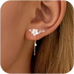 925 Sterling Silver CZ Flowers Ear Cuffs Hoop Climber Earring for Women, Rose Gold Cartilage Earrings with CZ Piercing Dainty Tassel Ear Crawler Earrings Wedding Jewelry Graduation Gift
