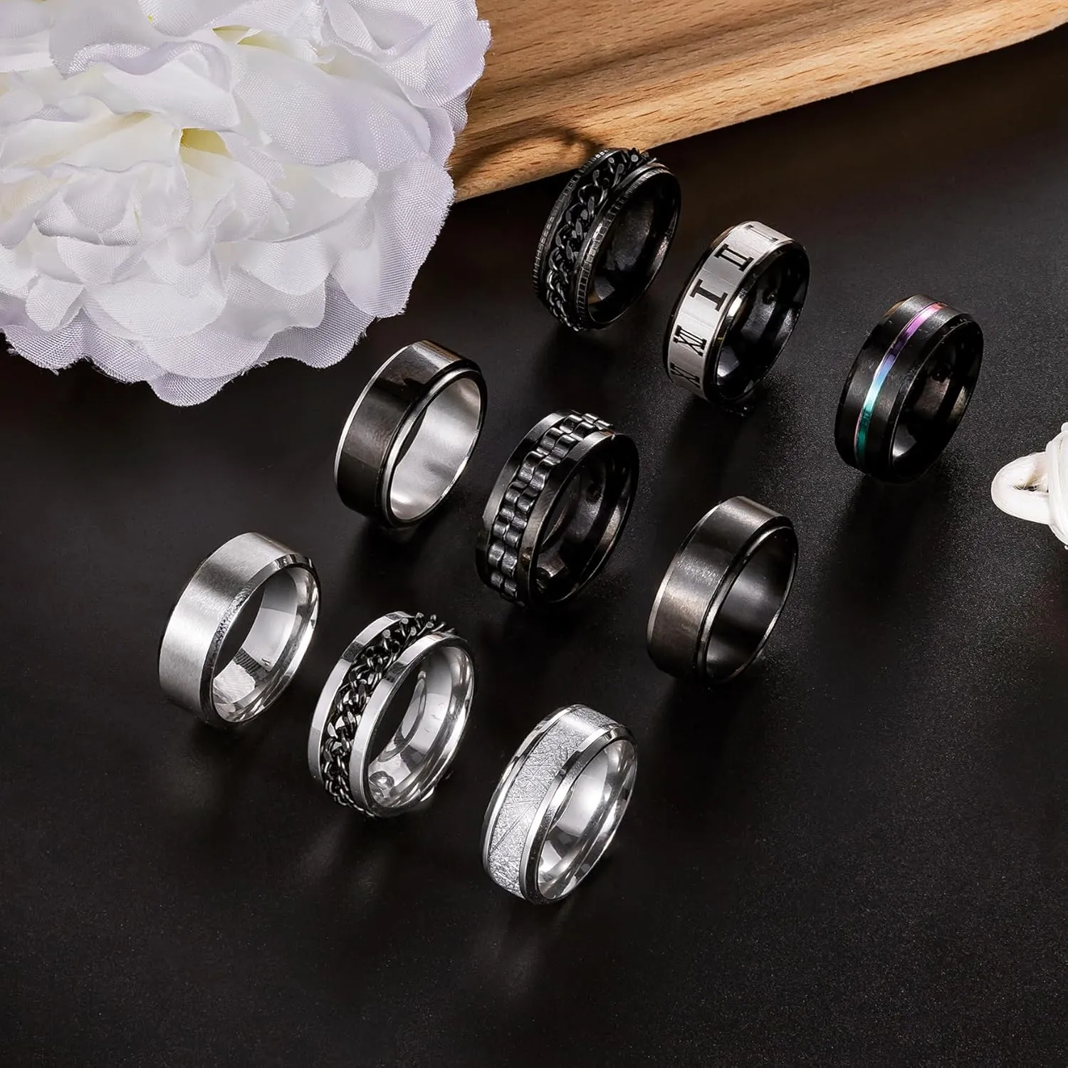 9Pcs Rings for Men Stainless Steel Band Rings for Men Women Wedding Promise Rings Anxiety Spinner Rings Set 8MM