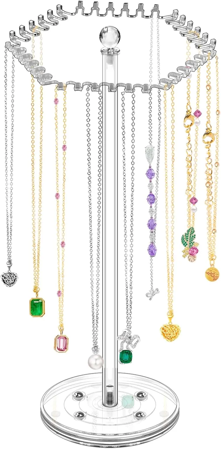 Acrylic Necklace Organizer Rotating Necklace Holder Hanger Clear Jewelry Organizer Display Stand with 36 Hooks for Ring Earring Bracelets Chain Storage