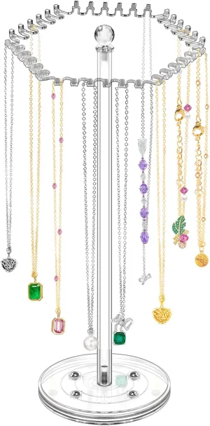 Acrylic Necklace Organizer Rotating Necklace Holder Hanger Clear Jewelry Organizer Display Stand with 36 Hooks for Ring Earring Bracelets Chain Storage