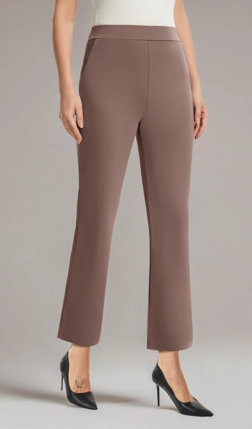 AFITNE Women's Yoga Dress Pants with Pockets High Waisted Pull On Straight Leg Cropped Pants Stretchy Work Ankle Pants