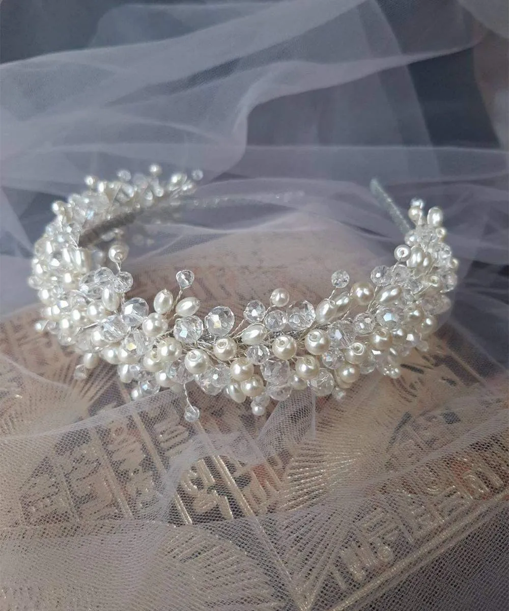 Aimimer Bridal Crystal Pearl Headband Handmade Tiara Crown Luxury Wide Hair Hoop for Wedding Prom Party Hair Jewelry for Women and Girls