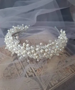 Aimimer Bridal Crystal Pearl Headband Handmade Tiara Crown Luxury Wide Hair Hoop for Wedding Prom Party Hair Jewelry for Women and Girls