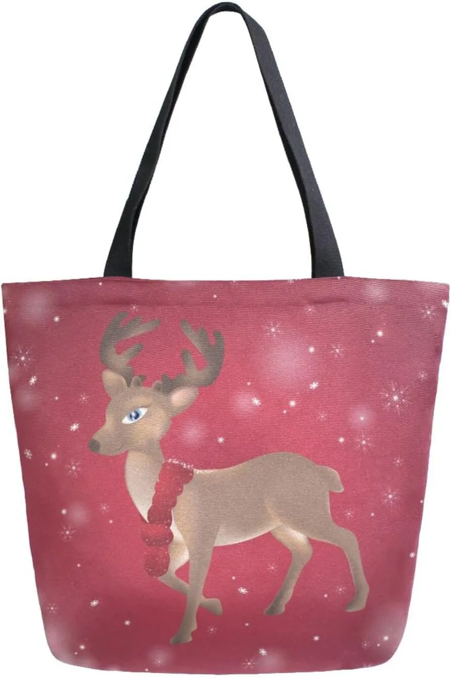 ALAZA Christmas Elk with Red Scarf Canvas Tote Bag for Women Casual Shoulder Bag Handbag,Shopping Grocery Cotton Bag Reusable,Multipurpose,Heavy Duty for Outdoors Weekender Travel
