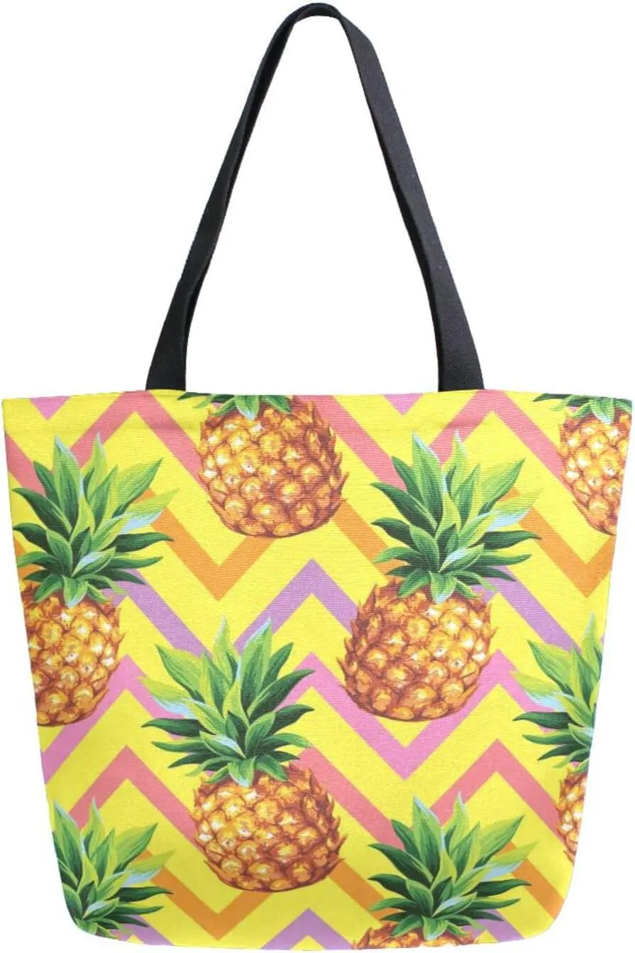 ALAZA Pineapple on Geometrical Stripes Canvas Tote Bag for Women Casual Shoulder Bag Handbag,Shopping Grocery Cotton Bag Reusable,Multipurpose,Heavy Duty for Outdoors Weekender Travel
