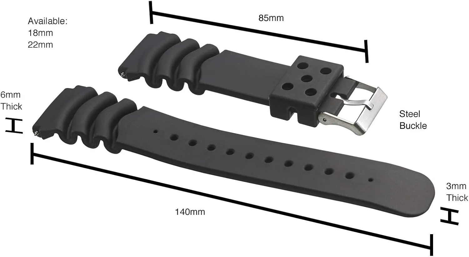 ALPINE Heavy Duty Black Rubber Watch Band for Diver Watches for Wider wrist ONLY (Fits wrist sizes 7 1/2 to 9 inch) - 18XL, 22XL