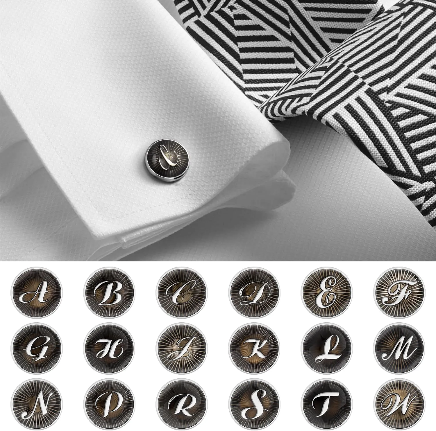 AMITER Initial Cufflinks for Men, Classic Black & Silver Shirt Studs Cuff Links for Casual & Formal Use