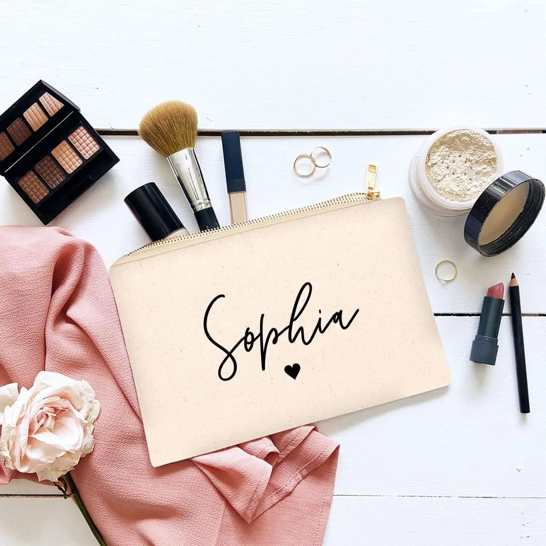 Andaz Press Personalized Makeup Bags for Women Bridesmaid Proposal Gifts Canvas Cosmetic Bag with Zipper Custom Name with Heart Makeup Pouch For Bridesmaids Girls Weekend Gifts for Women 6.5 x 9 Inch