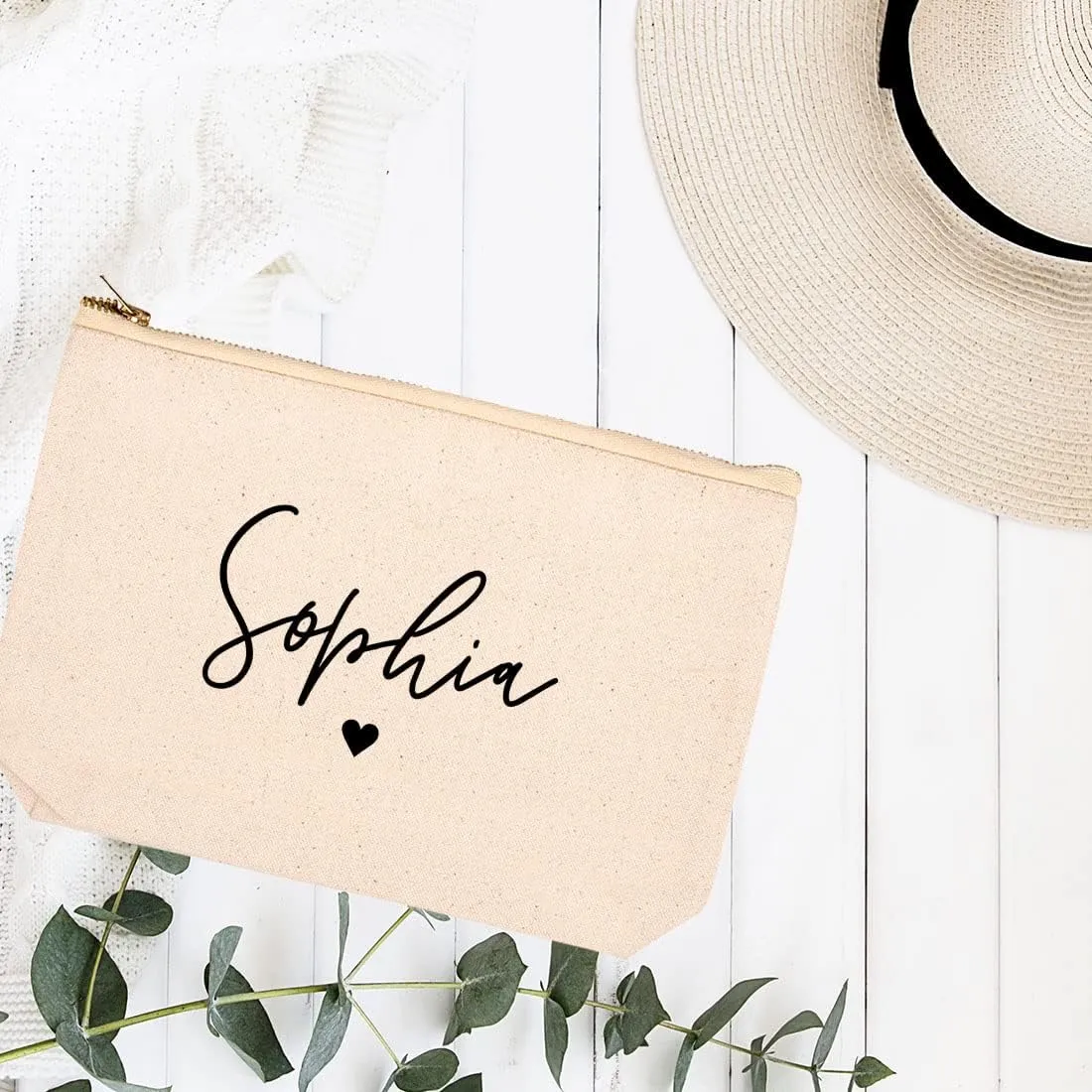 Andaz Press Personalized Makeup Bags for Women Bridesmaid Proposal Gifts Canvas Cosmetic Bag with Zipper Custom Name with Heart Makeup Pouch For Bridesmaids Girls Weekend Gifts for Women 6.5 x 9 Inch