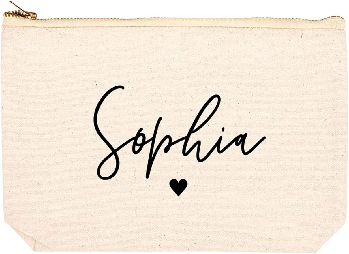 Andaz Press Personalized Makeup Bags for Women Bridesmaid Proposal Gifts Canvas Cosmetic Bag with Zipper Custom Name with Heart Makeup Pouch For Bridesmaids Girls Weekend Gifts for Women 6.5 x 9 Inch