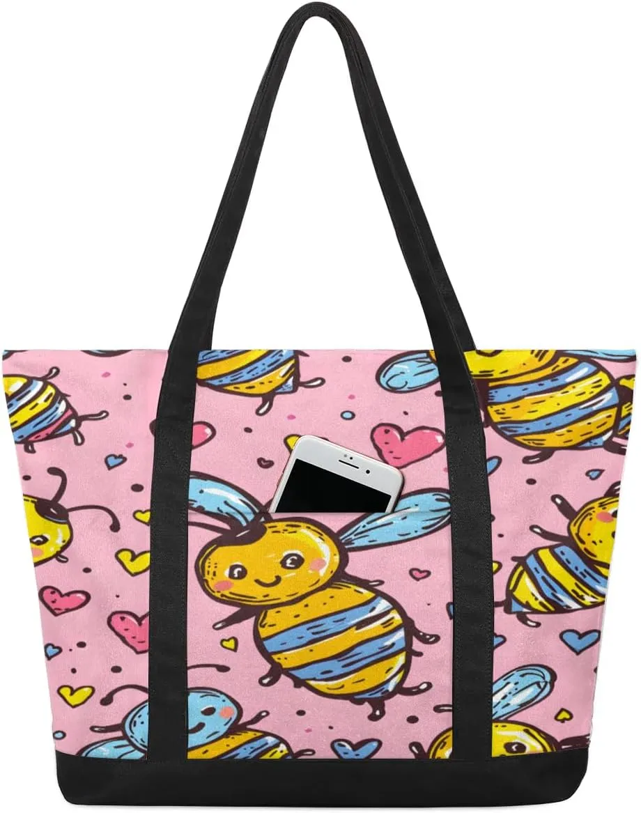 Animals Yellow Bees Tote Bag for Women Work Canvas Travel Tote Bags with Zipper Large Capacity Casual Handbag with Inner Pockets Reusable Shopping Shoulder Bag for Teacher Nurse